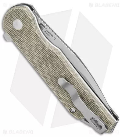 Kizer Vanguard Elstner Assassin XL Button Lock Knife Green Micarta (3.4" Satin) 3 Kizer Vanguard Elstner Assassin XL Button Lock Knife Green Micarta (3.4" Satin) - Image 3