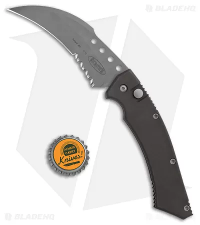 Microtech Hawk Automatic Knife Black Aluminum (4" Serrated BB ATS-34) 4 Microtech Hawk Automatic Knife Black Aluminum (4" Serrated BB ATS-34) - Image 4