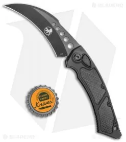 Microtech Signature Series Hawk Auto Knife Black Al. CF Inlay (4" Black DLC) -Knife Shop Microtech Hawk Automatic Knife Black DLC CF Inlay 4 Black BHQ 118832 jr bottlecap