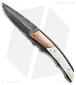 Corrie Schoeman X-Corpion Flipper Knife Giraffe Bone/Copper (3.25" Damascus)